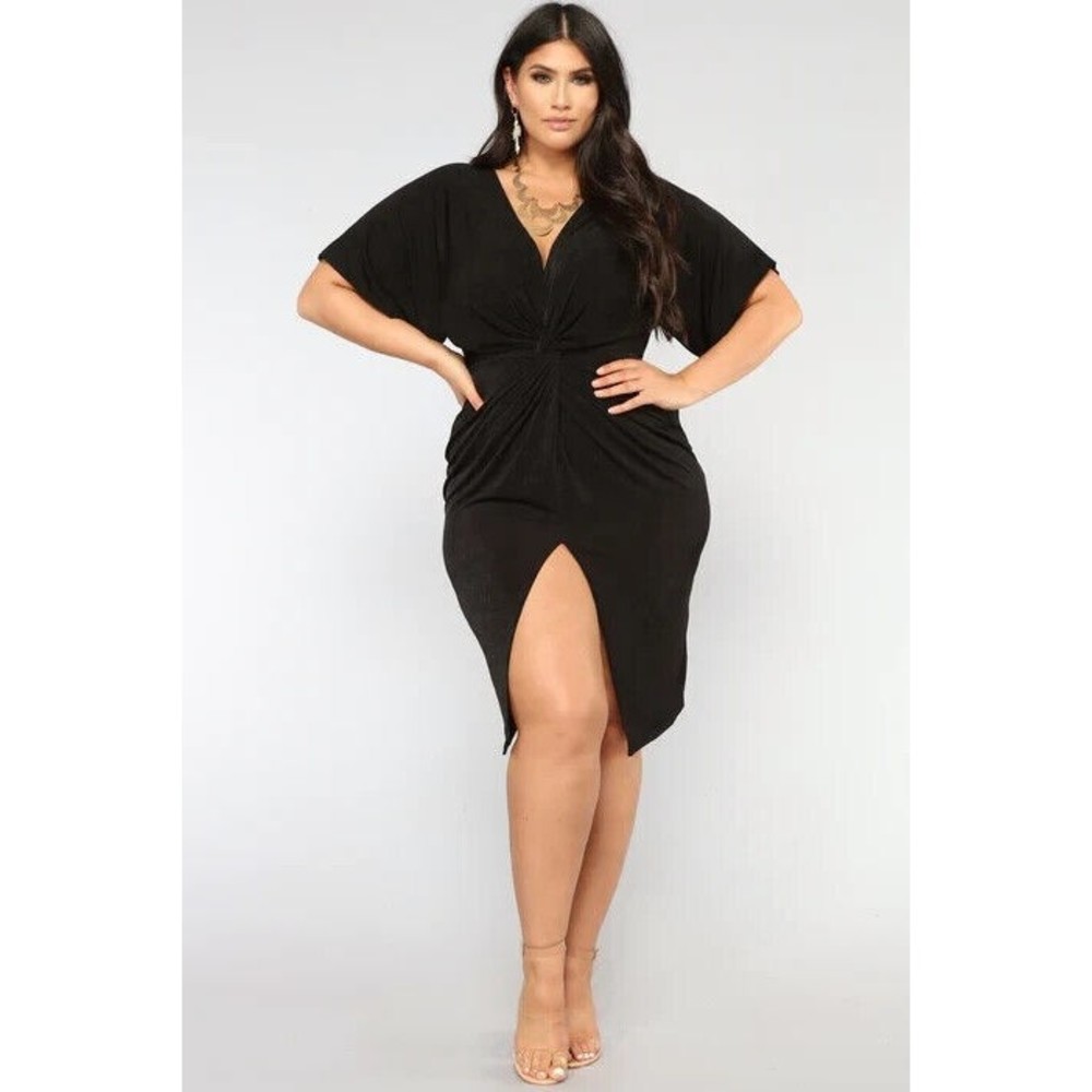 Fashion Nova Full Grown Knot dress black Midi Sz 1X slinky stretch knit